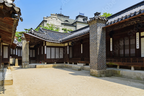 Jongno-gu, Seoul, South Korea - May 21, 2022: Yard and chimney at at tiled house of Unhyeon Palace