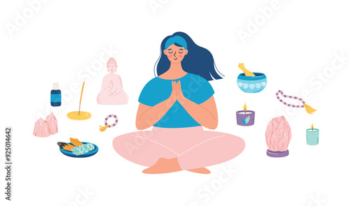 Woman meditating in lotus pose and meditation altar elements near her. Happy woman in balance doing yoga. Meditation shrine. Feng shui flat style vector illustration