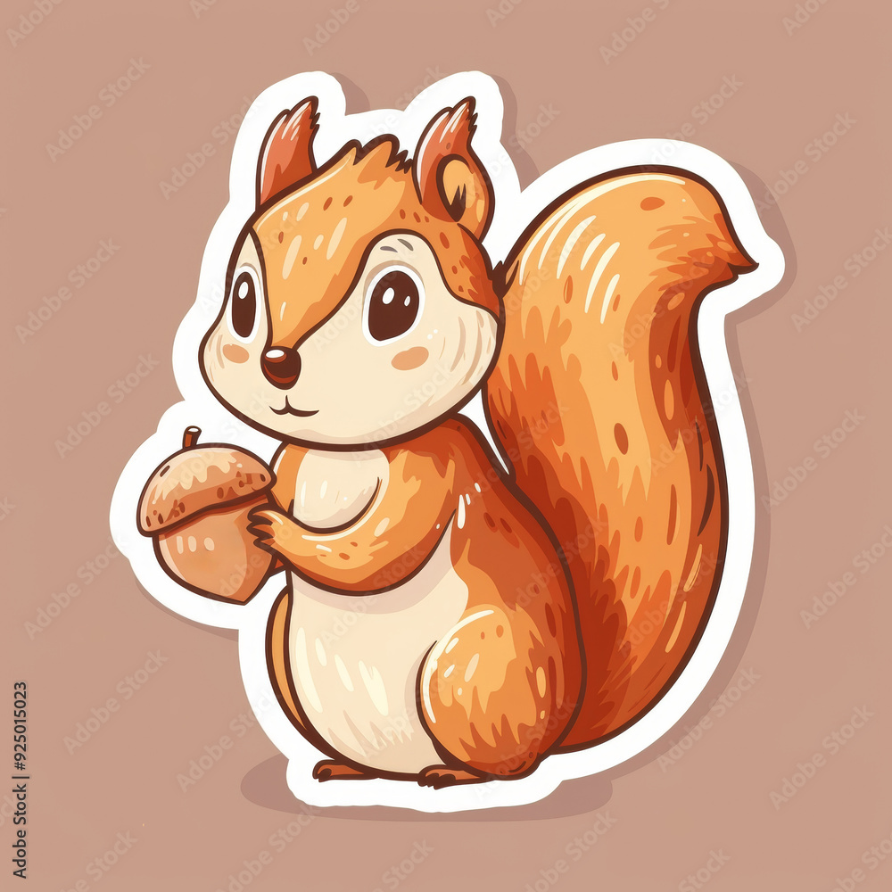 Cute squirrel holding acorn hand drawn sticker with white contour Cute squirrel holding acorn hand drawn sticker with white contour