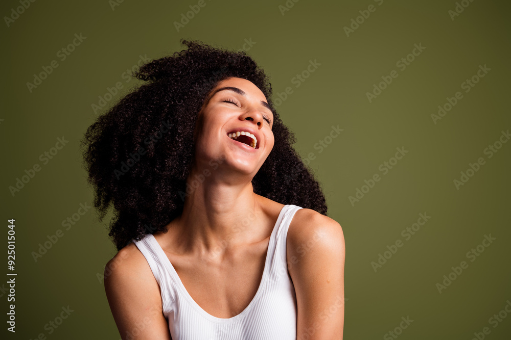 No retouch photo of cheerful glad lovely woman wear stylish white underwear isolated on khaki color background No retouch photo of cheerful glad lovely woman wear stylish white underwear isolated on khaki color background