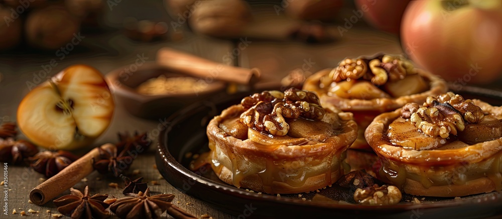 Delicious fruit tartlets stuffed with caramelized apples walnuts and cinnamon set against a plain background for a copy space image Delicious fruit tartlets stuffed with caramelized apples walnuts and cinnamon set against a plain background for a copy space image