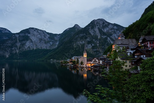 Panoramic view of the village of Hallstatt on Lake Hallstatt in Austria.