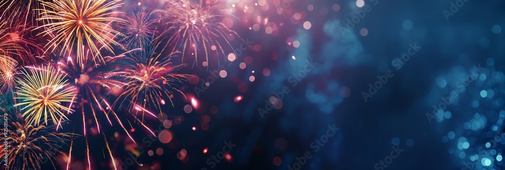 Fototapeta premium This image captures fireworks exploding in colorful hues against a deep blue evening sky, creating a magnificent celebratory atmosphere.