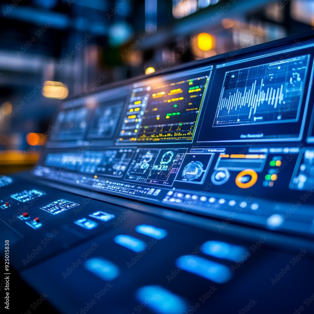 Modern control panel with various digital displays and data visualizations in a high-tech environment, glowing with blue light. Modern control panel with various digital displays and data visualizations in a high-tech environment, glowing with blue light.