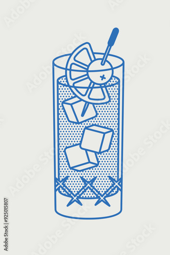 Tom Collins cocktail with a lemon slice and cherry. Line art, retro. Vector illustration for bars, cafes, and restaurants.