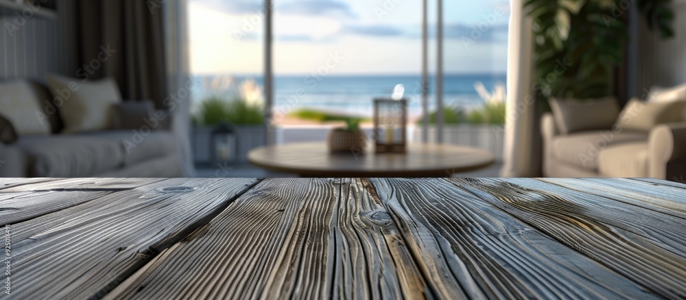 A wooden table with a blurred coastal living room in the background is perfect as a copy space image for showcasing products A wooden table with a blurred coastal living room in the background is perfect as a copy space image for showcasing products