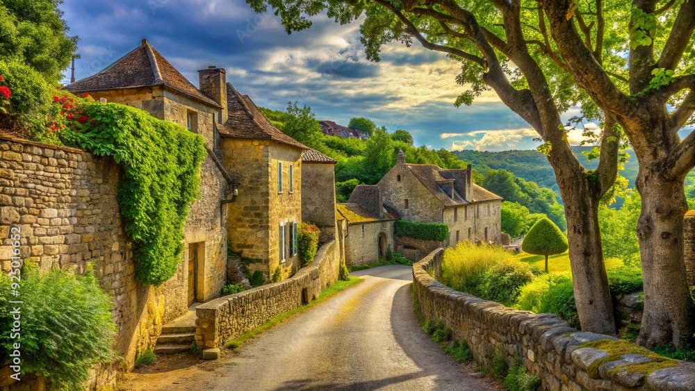 Winding rural road lined with ancient stone walls and overhanging trees, leading to a picturesque medieval village in the French countryside. Winding rural road lined with ancient stone walls and overhanging trees, leading to a picturesque medieval village in the French countryside.