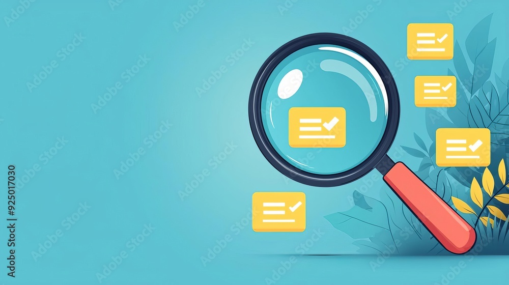 Magnifying glass on floating results, precision search, flat design illustration Magnifying glass on floating results, precision search, flat design illustration
