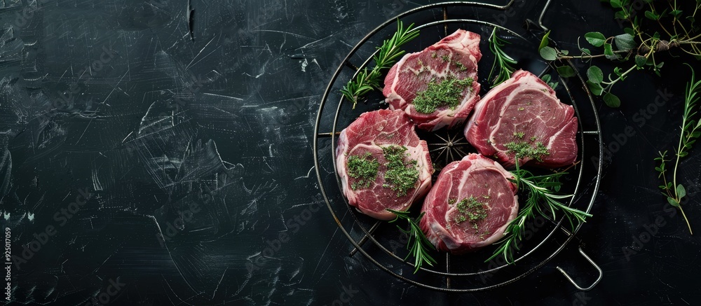 Top view of raw lamb neck and mutton meat slices on a rack with herbs against a dark background with copy space image Top view of raw lamb neck and mutton meat slices on a rack with herbs against a dark background with copy space image