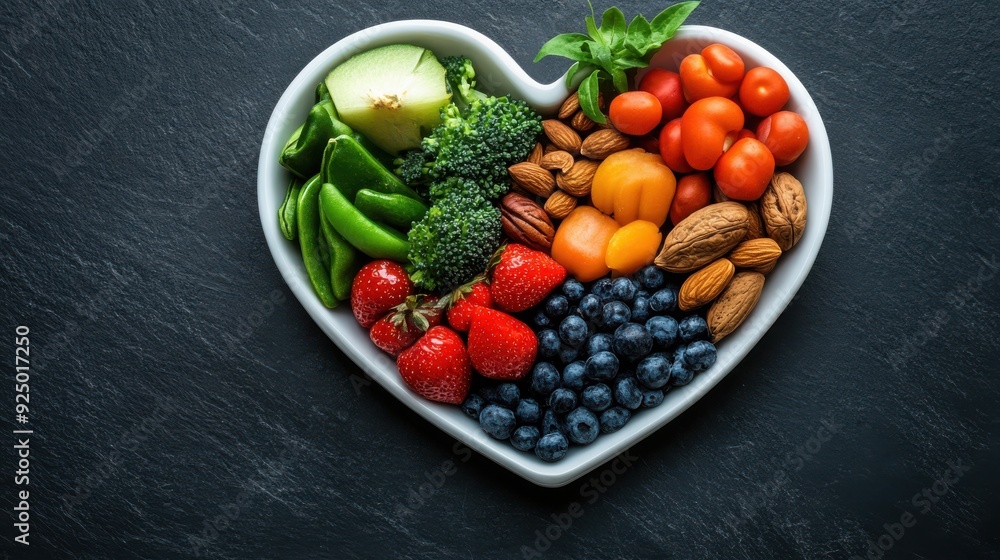 A heart-shaped plate filled with fresh fruits, vegetables, and nuts for a healthy eating concept on a dark background. A heart-shaped plate filled with fresh fruits, vegetables, and nuts for a healthy eating concept on a dark background.
