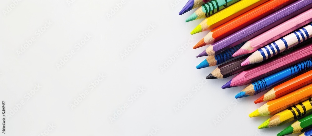 A selection of colorful crayons and pencils on a white background with ample empty space for writing representing a back to school theme as a copy space image A selection of colorful crayons and pencils on a white background with ample empty space for writing representing a back to school theme as a copy space image