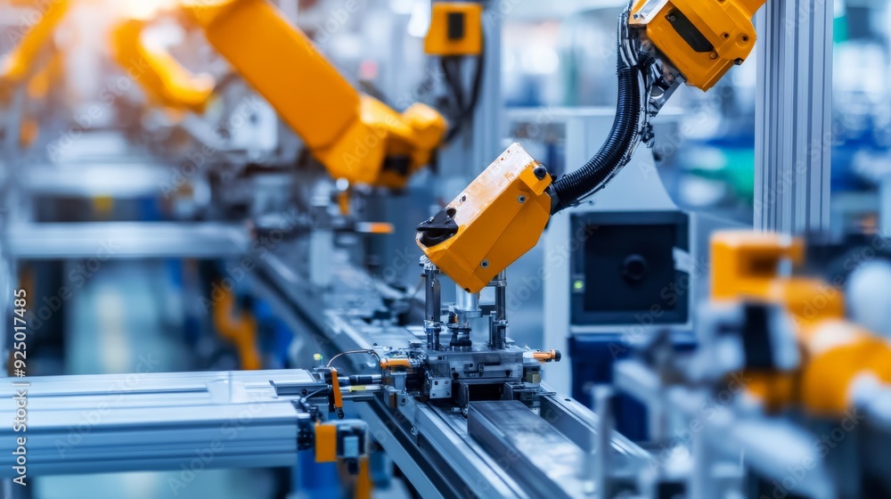 Modern robotic arms in a high-tech industrial manufacturing factory, showcasing automation and advanced technology in production line. Modern robotic arms in a high-tech industrial manufacturing factory, showcasing automation and advanced technology in production line.