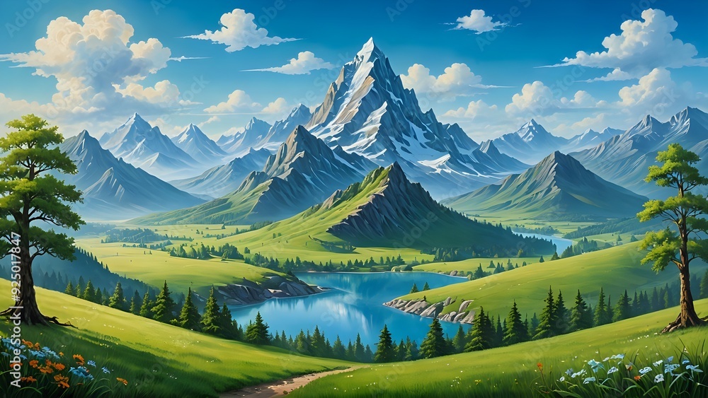 A serene landscape with a flowing river, lush green meadows, majestic mountains in the background, and a clear blue sky above, heroic art A serene landscape with a flowing river, lush green meadows, majestic mountains in the background, and a clear blue sky above, heroic art