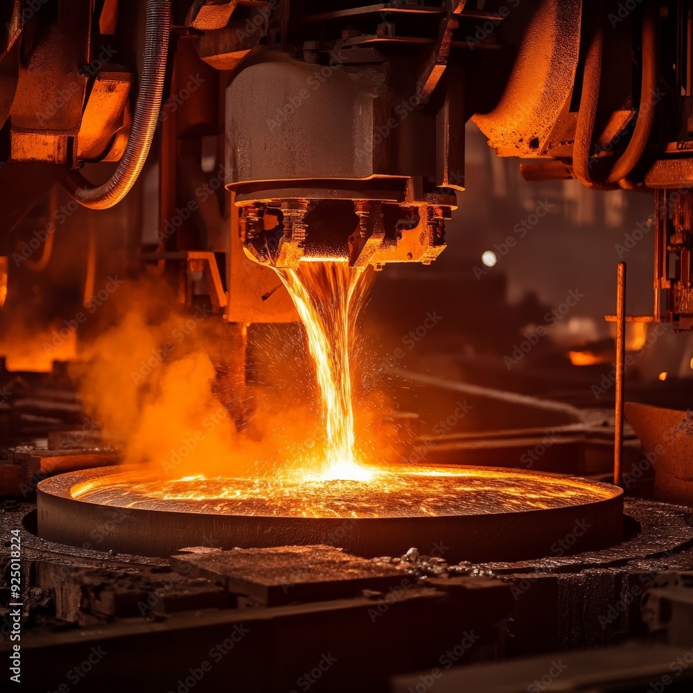 Molten metal pouring into a cast in an industrial foundry, showcasing the intense heat and energy of the metalworking process. Molten metal pouring into a cast in an industrial foundry, showcasing the intense heat and energy of the metalworking process.