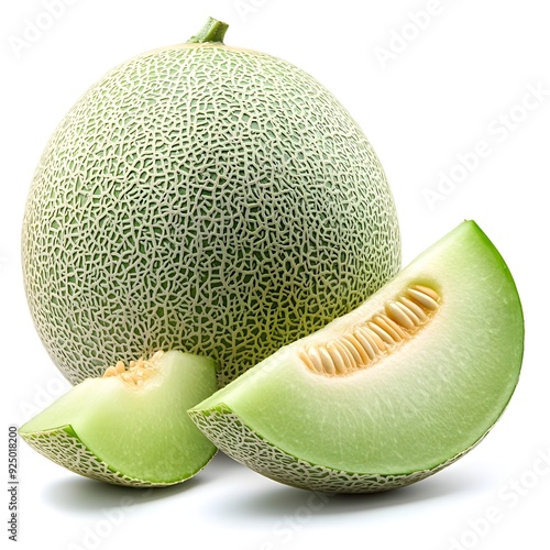 Whole Ripe Honeydew Melon and Slice on White Background