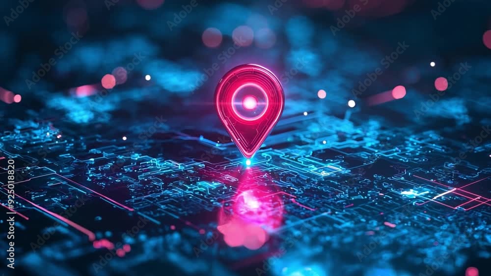 A glowing navigation marker hovers above a digital map, highlighting a specific location with striking colors. A glowing navigation marker hovers above a digital map, highlighting a specific location with striking colors.