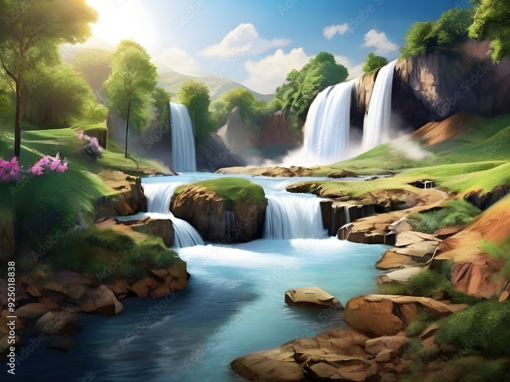 Naklejka premium photo Beautiful view of waterfall and mountain landscape Generative AI