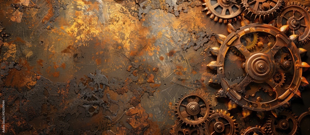 Naklejka premium Steampunk-themed setting with brass cogwheels and textured background featuring a spacious area for additional elements like a copy space image.