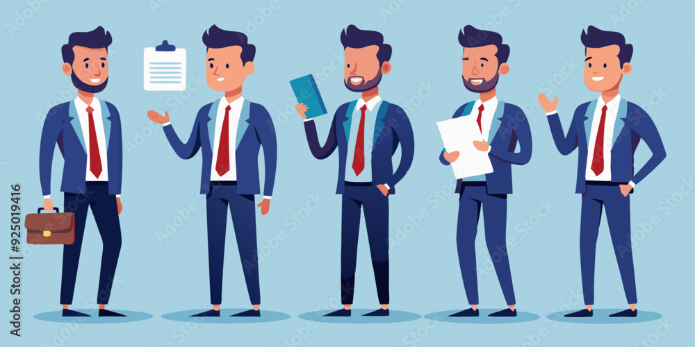 Business man character set. Man looks at the report, takes notes, reads, points. Full length guy in a business suit. Vector illustration
