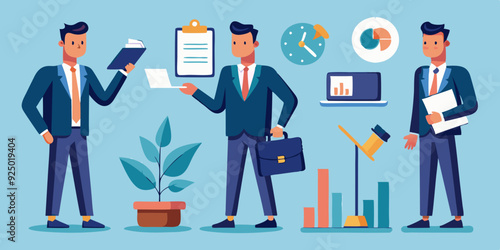 Business man character set. Man looks at the report, takes notes, reads, points. Full length guy in a business suit. Vector illustration
