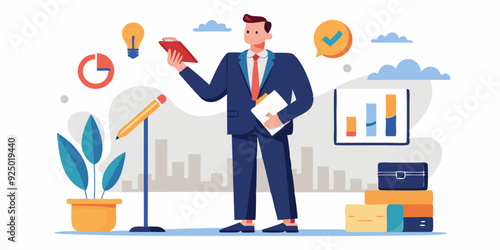 Business man character set. Man looks at the report, takes notes, reads, points. Full length guy in a business suit. Vector illustration
