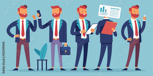 Business man character set. Man looks at the report, takes notes, reads, points. Full length guy in a business suit. Vector illustration
