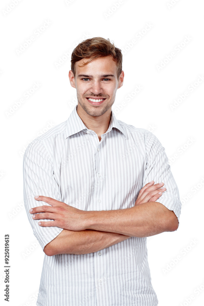 Portrait, confident and man relax in studio as designer with ambition, career pride and creative experience. Smile, male person and arms crossed for about us, casual shirt and white background Portrait, confident and man relax in studio as designer with ambition, career pride and creative experience. Smile, male person and arms crossed for about us, casual shirt and white background