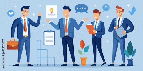 Business man character set. Man looks at the report, takes notes, reads, points. Full length guy in a business suit. Vector illustration
