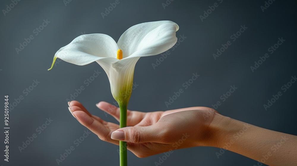 Obraz premium A close-up of a woman's hand holding a delicate white calla lily in the lower right corner against a dark, gradient background, representing purity and strength.