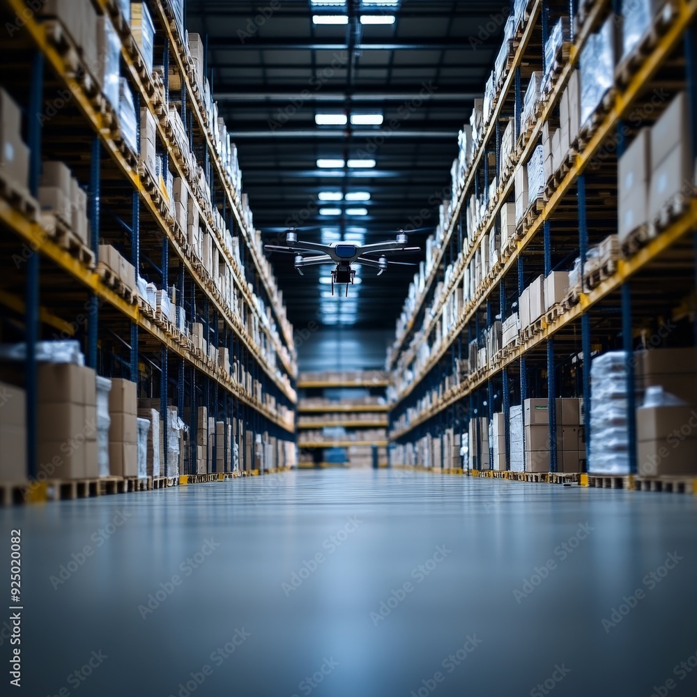 Spacious warehouse aisle with high shelves stacked with boxes, representing storage, logistics, and efficient inventory management. Spacious warehouse aisle with high shelves stacked with boxes, representing storage, logistics, and efficient inventory management.