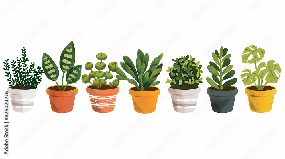 Set of different plants in pots isolated on white background illustration