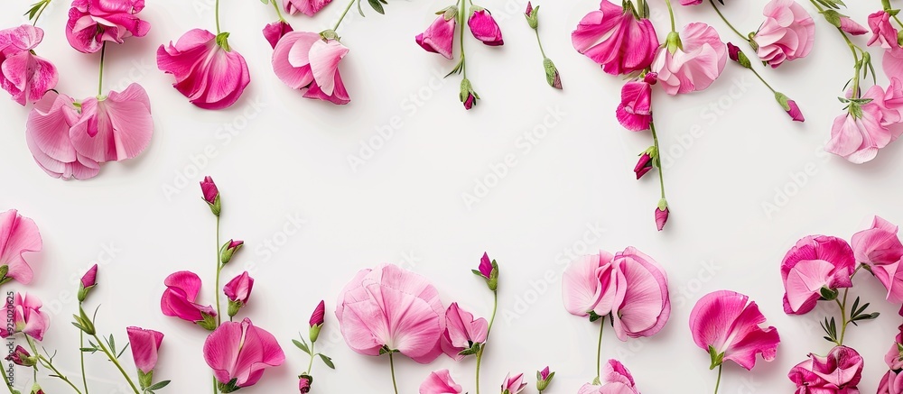 White background beautifully showcases pink sweet pea flowers in a copy space image. White background beautifully showcases pink sweet pea flowers in a copy space image.