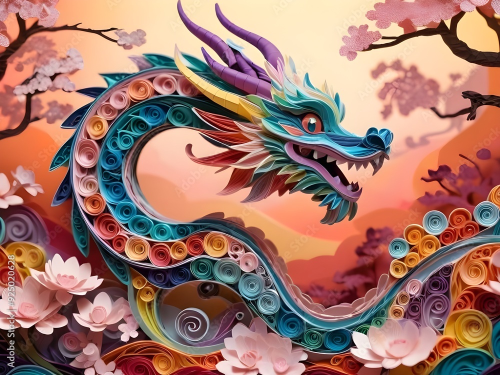 Paper art, quilling, 3D model close-up colorful majestic dragon Paper art, quilling, 3D model close-up colorful majestic dragon
