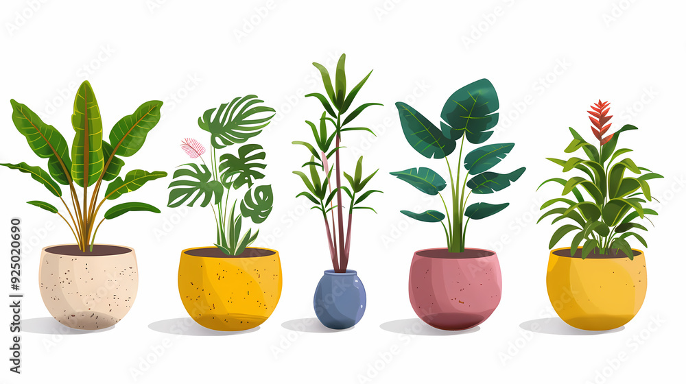 Fototapeta premium Set of different plants in pots isolated on white background illustration