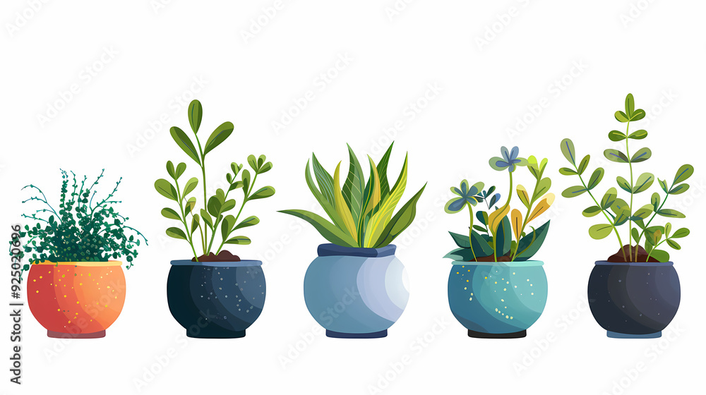 Set of different plants in pots isolated on white background illustration Set of different plants in pots isolated on white background illustration