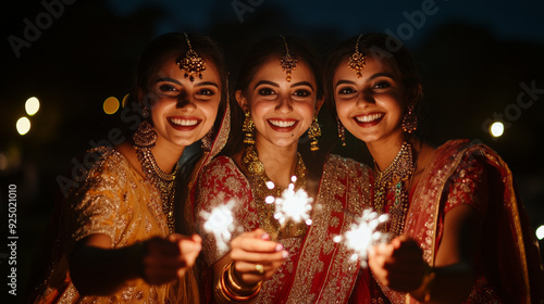 India – three young Indian women dressed in traditional sarees, joyfully celebrating Diwali with sparklers at night, symbolizing happiness, festival joy, and cultural togetherness.