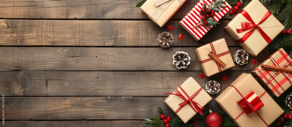 Fototapeta premium Top view of Christmas gift boxes displayed on a grey wooden background with available copy space image.