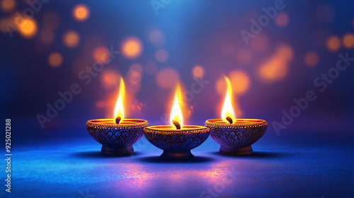India – three oil lamps glowing on a blue pedestal, set against a rich blue background, symbolizing Diwali and the spiritual warmth of Indian festivals.