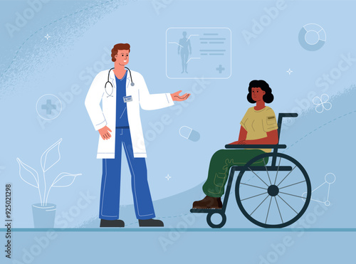 A female soldier on a wheelchair at a doctor's appointment. The concept of recovery and treatment of injured military personnel after the war.