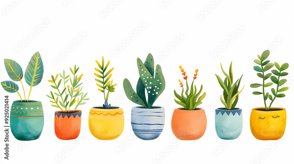 Obraz premium Set of different plants in pots isolated on white background illustration