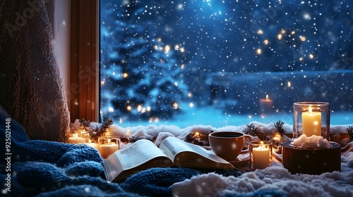 A cozy scene with an open book, a cup of coffee, and candles on the windowsill overlooking snow falling outside photo