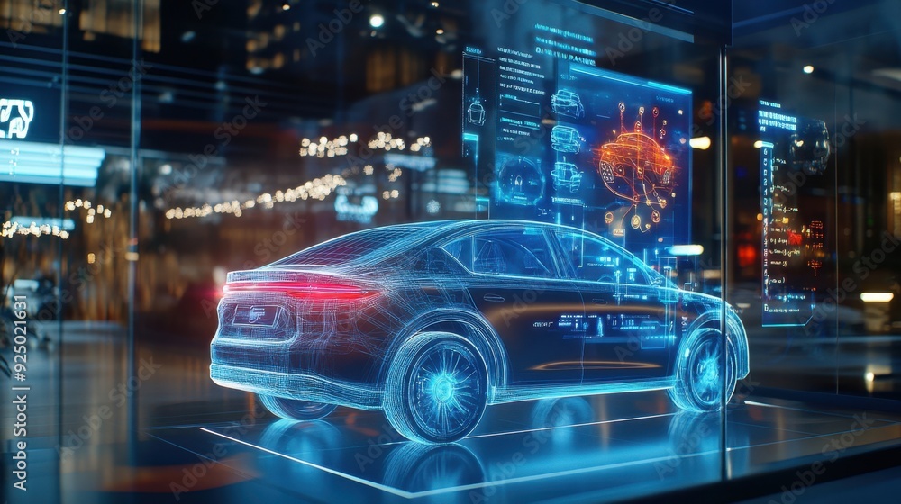 A futuristic car showroom with self-driving vehicles and holographic interfaces A futuristic car showroom with self-driving vehicles and holographic interfaces