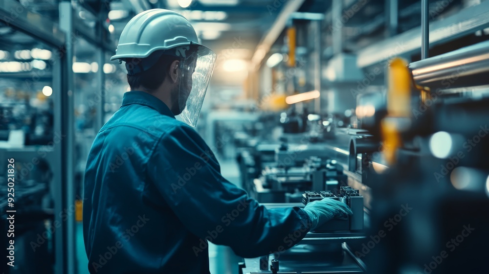Obraz premium Worker in safety gear inspecting machinery in an industrial factory setting, focusing on quality control and production efficiency.
