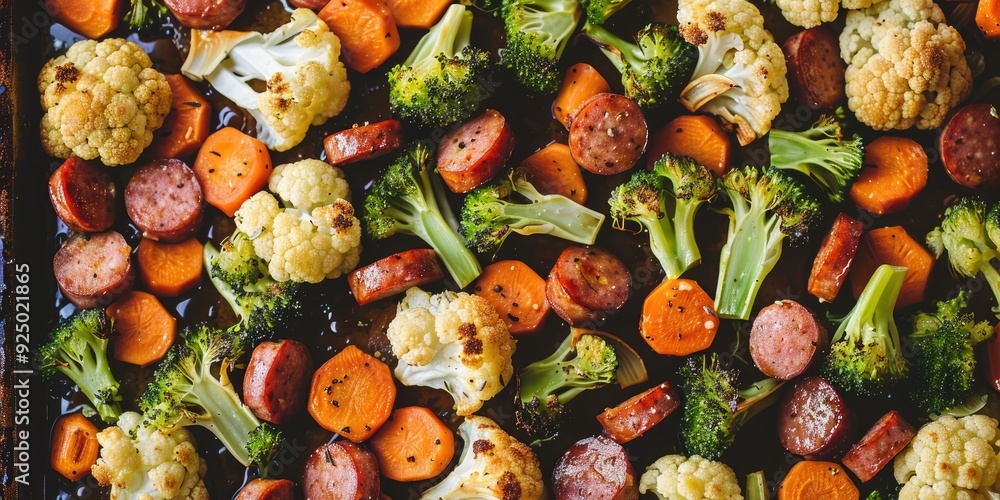 Sausage and vegetable sheet pan dinner with broccoli and cauliflower ready for roasting Sausage and vegetable sheet pan dinner with broccoli and cauliflower ready for roasting
