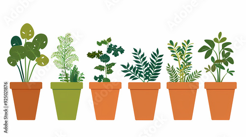 Set of different plants in pots isolated on white background illustration