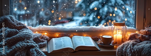A cozy scene with an open book, a cup of coffee, and candles on the windowsill overlooking snow falling outside
