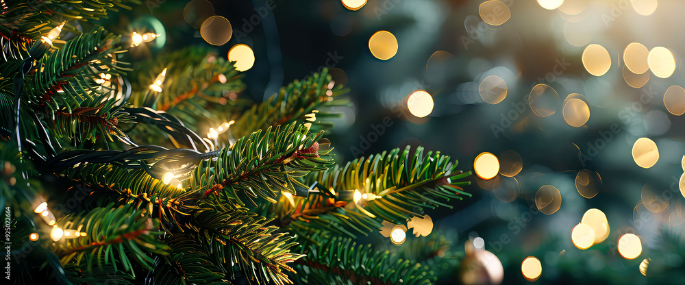 Close up of glowing lamp bulb, lights, garland with green fir branches.Christmas and New Year minimal mockup . Winter holidays celebration background. Copy space. Generative ai Close up of glowing lamp bulb, lights, garland with green fir branches.Christmas and New Year minimal mockup . Winter holidays celebration background. Copy space. Generative ai
