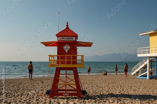 RICCIONE, ITALY JUNE 2, 2024: Lifeguard on the beach in Riccione, on the Romagna Riviera,Italy. photo