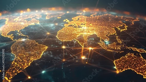 A world map illuminated by city lights at night, highlighting global connectivity through glowing lines.
