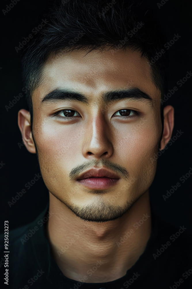 Fototapeta premium Close-up portrait of a young East Asian male with dark features, capturing serene beauty against a simple black background